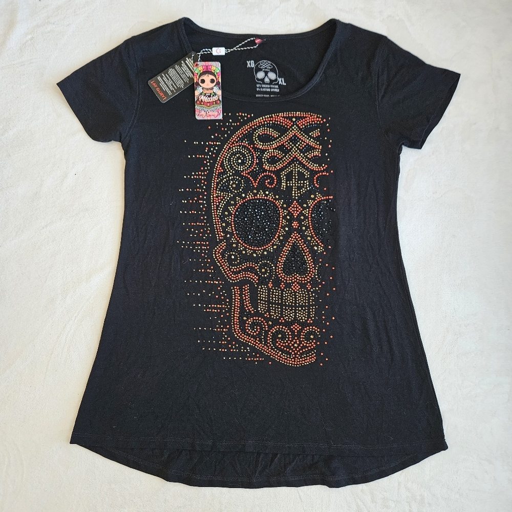 Ay Guey NWT Black Sugar Skull T-Shirt size Extra Large Rhinestones Embellished